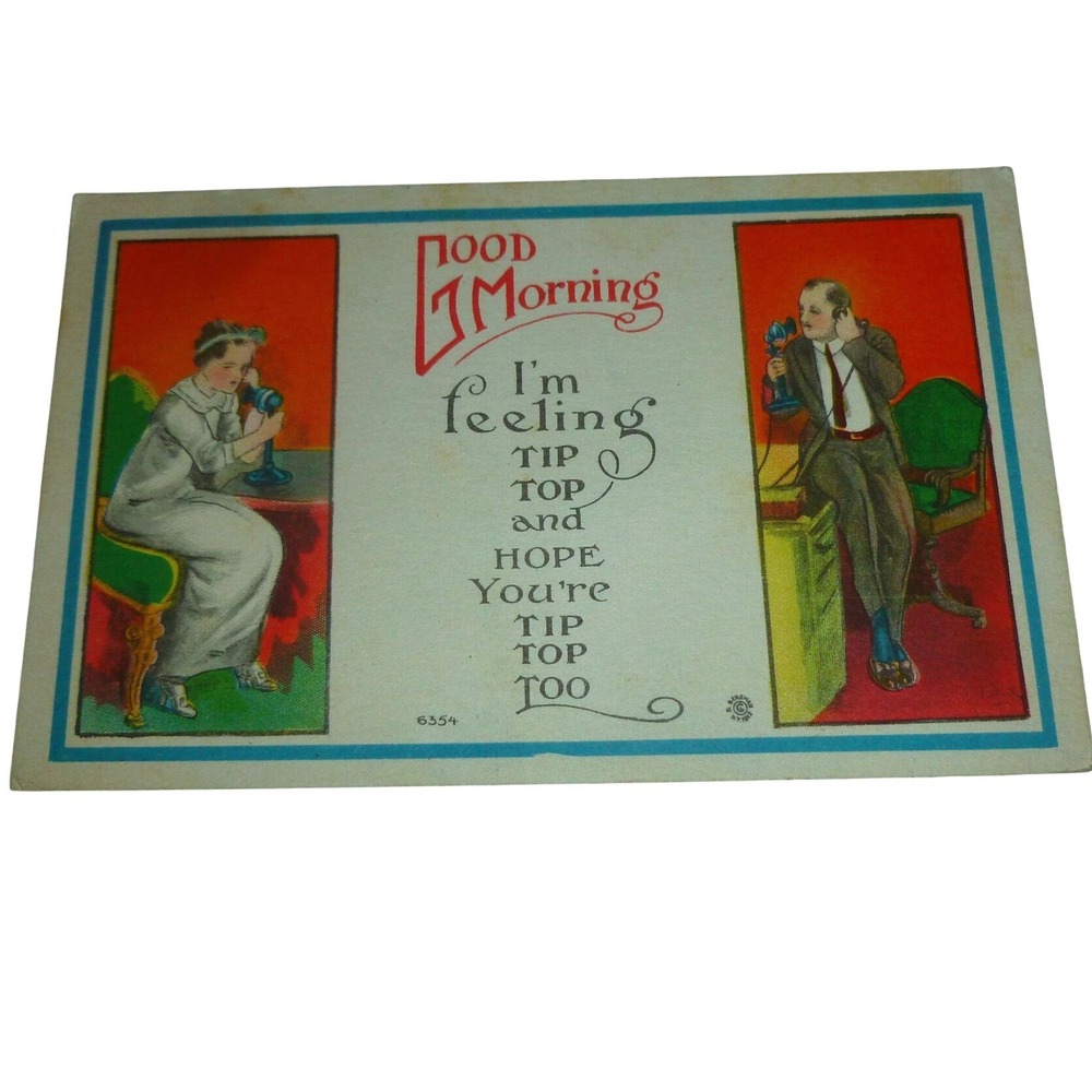 Vintage Good Morning Tip‎ Top Telephone Postcard 1910s Divided Back Antique Art